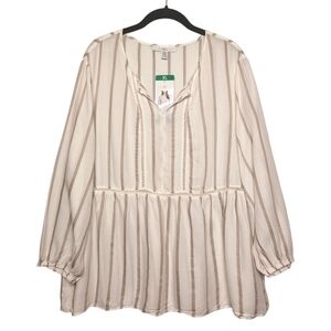 FEVER Cream Tan Stripe Print Long Sleeve Boho Top XL NWT